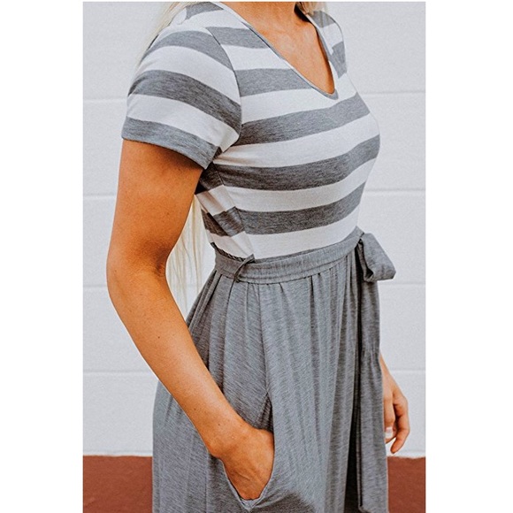 Long Sleeve Striped V Neck Maxi in Grey - Picture 5 of 6